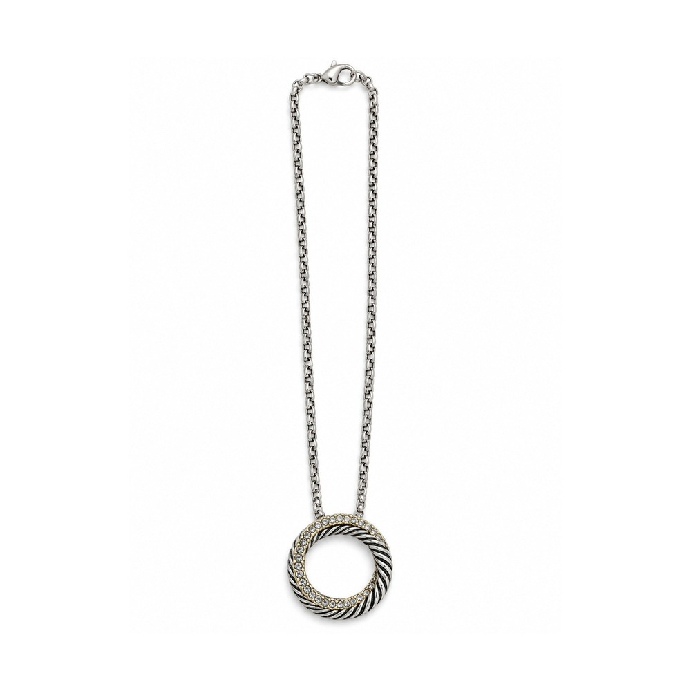 Two Tone Twisted Cable Circle Pendant Necklace Crystal Silver Gold Tone 16"